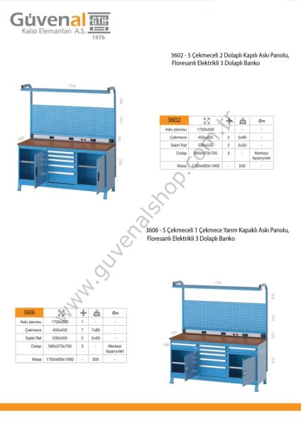 3606 - 5 Çekmeceli 1 Çekmece Yarım Kapaklı Askı Panolu,  Floresanlı Elektrikli 3 Dolaplı Banko