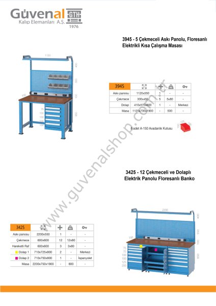 3425 - 12 Çekmeceli ve Dolaplı Elektrik Panolu Floresanlı Banko