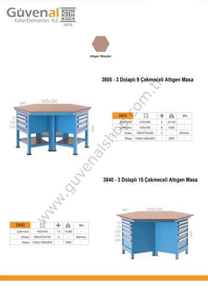 3805 - 3 Dolaplı 9 Çekmeceli Altıgen Masa Seperatörlü | Güvenalshop