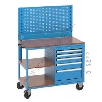 8027 - 5 Çekmeceli Yanda 3 Açık Raflı Panolu Çalışma Arabası